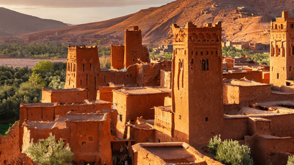 Sunset over the ancient red clay buildings of Aït Benhaddou with the Atlas Mountains in the background.