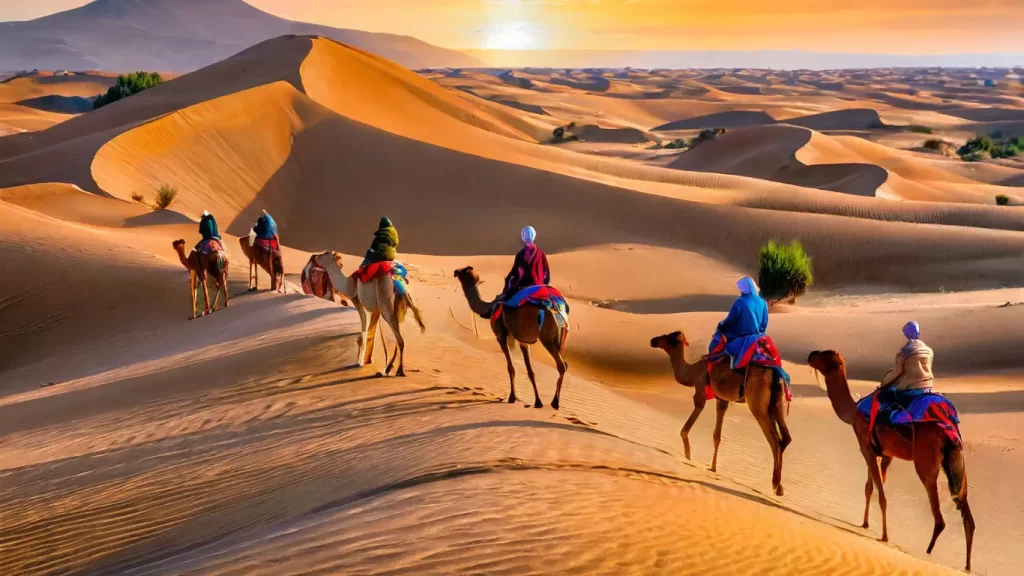 Camel caravan trekking across Erg Chebbi's sand dunes at sunrisesunset