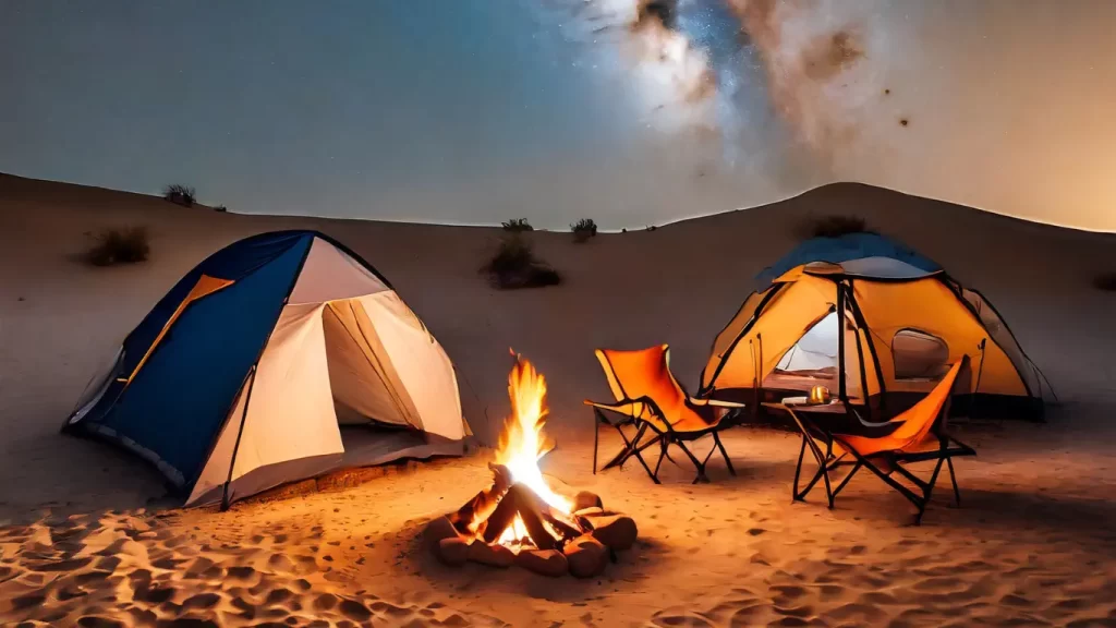 Nighttime camping in the Sahara Desert with tents, campfire, and star-filled sky