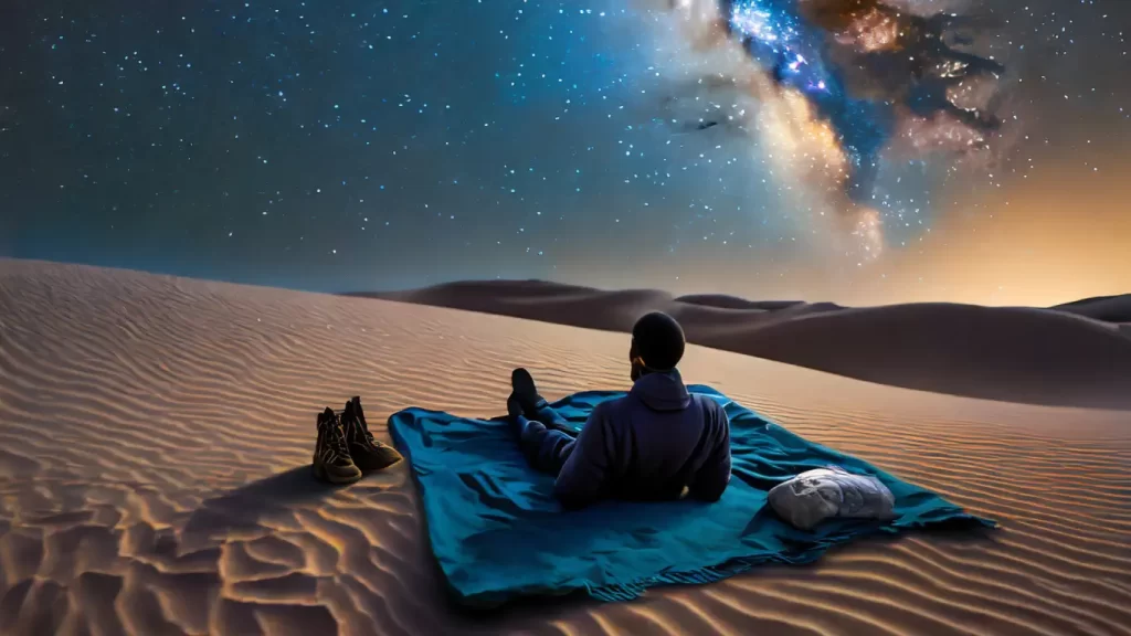 Solitary figure stargazing at the Milky Way in the vast Sahara night sky